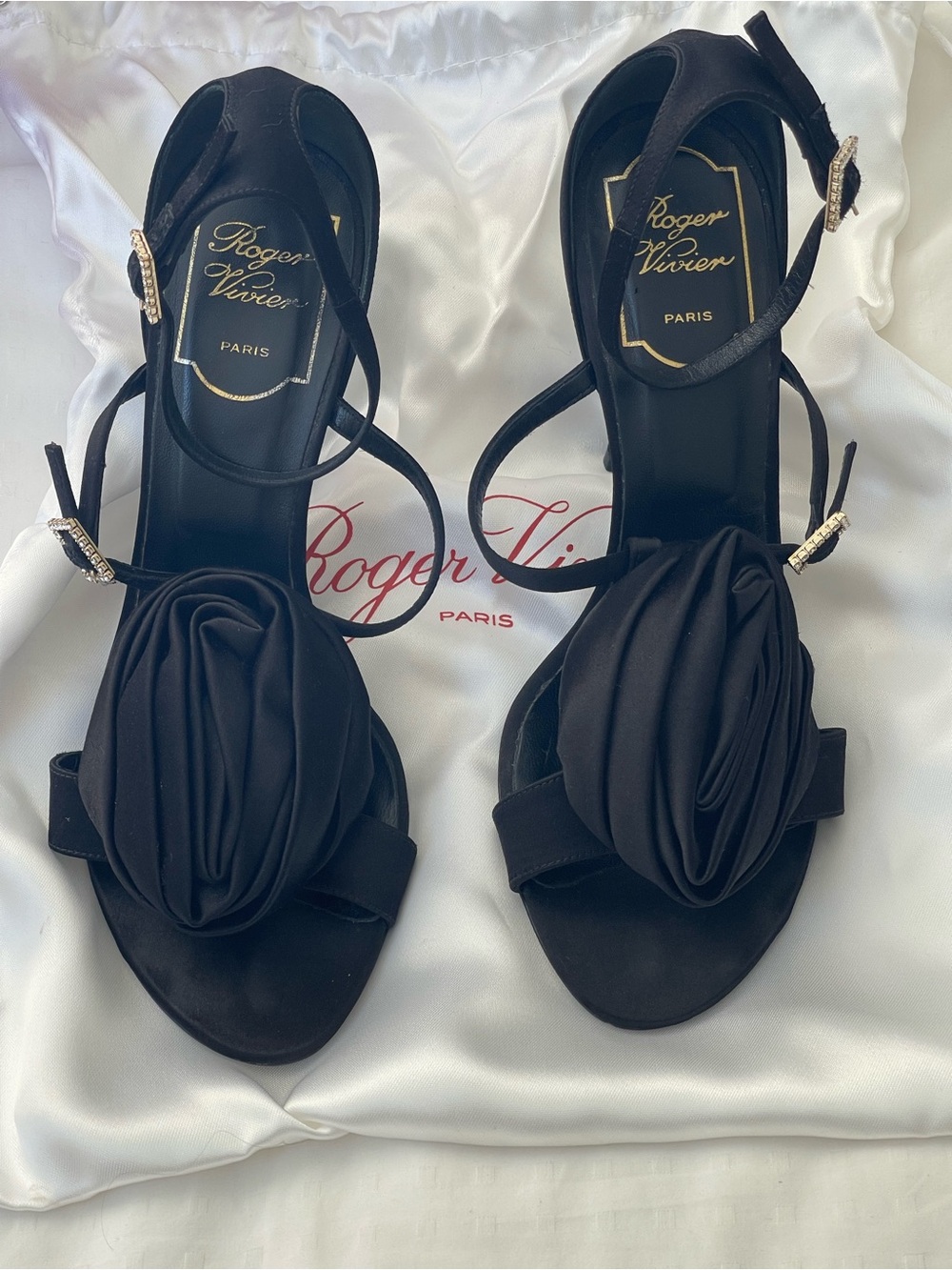 Roger Vivier Rose N Roll Black Satin Sandals 37.5 Crystal $1200 Box Rare